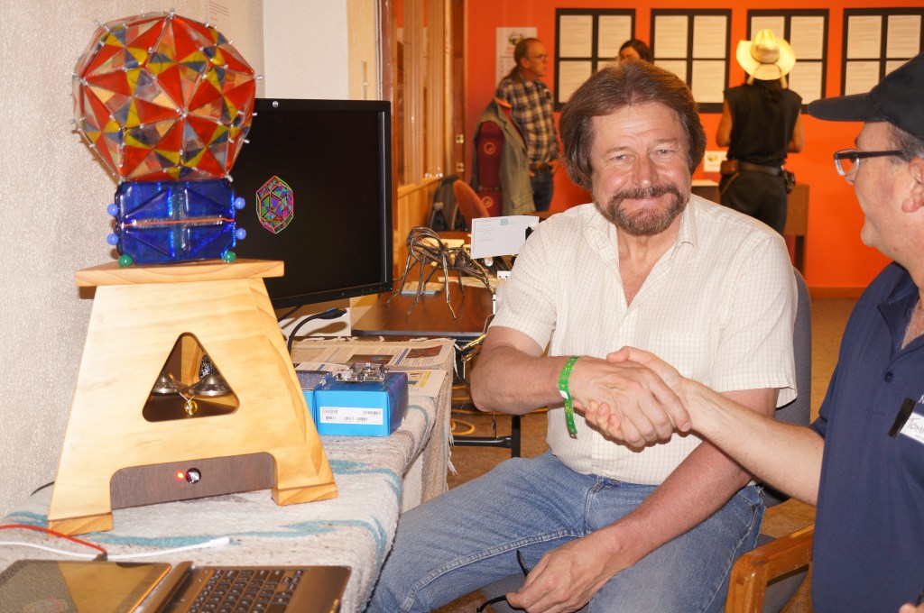 Interactive kinetic light and fused glass artwork "Stupafy" at the Taos Toolbox Grand Opening, Taos, NM, June 27, 2015.