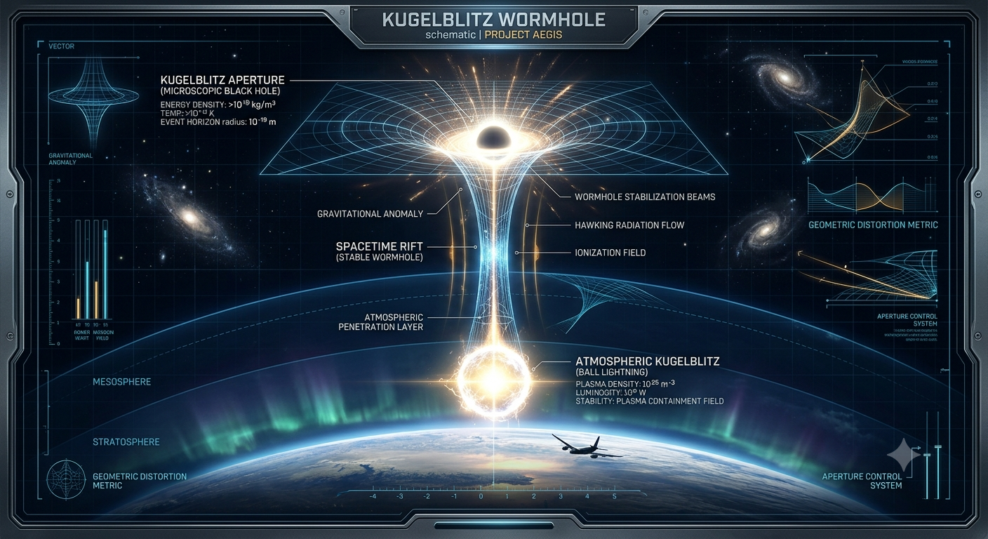 A detailed sci-fi technical infographic schematic illustrating a Kugelblitz wormhole aperture.
