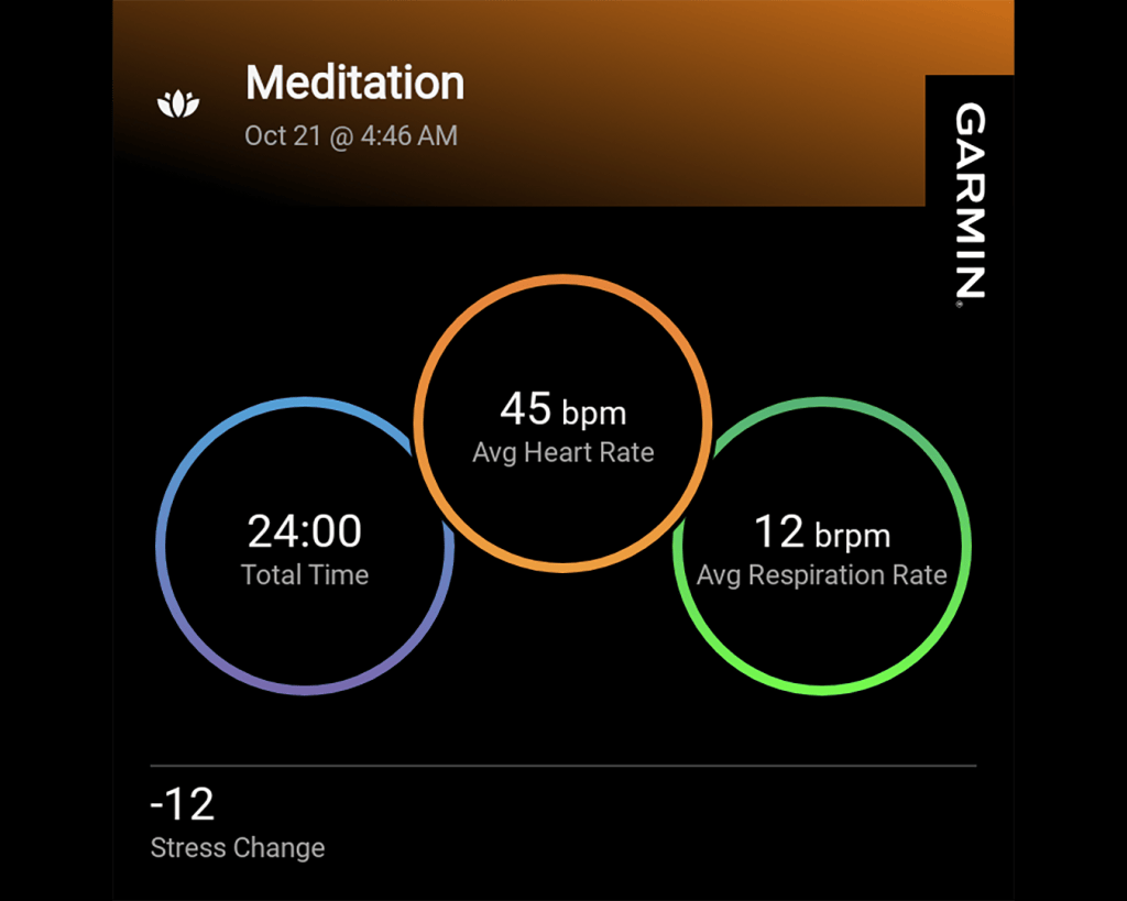 Garmin meditation app early morning health-monitoring stats.