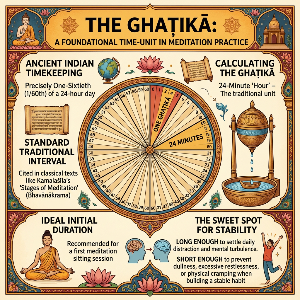Infographic explaining the ghaṭikā as a 24-minute meditation time unit.